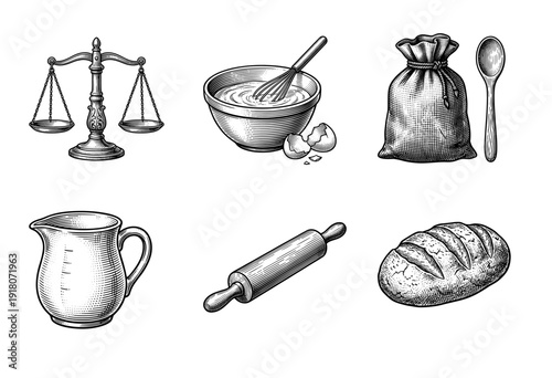 Vintage engraving style baking icons set featuring kitchen tools and ingredients including scale whisk flour and bread on a white background