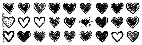 Set of hand drawn heart icons with sketchy and scribbled textures for romantic designs