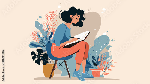 A person sits on a chair, writing in a notebook, surrounded by abstract plants and muted colors