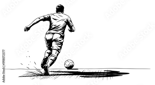 Sketchy hand drawn illustration of a soccer player seen from behind running towards the ball