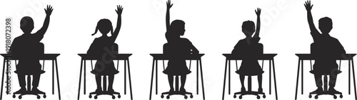 Silhouette of school children raising hands in classroom education concept, isolated on white background vector illustration learning teaching knowledge diversity