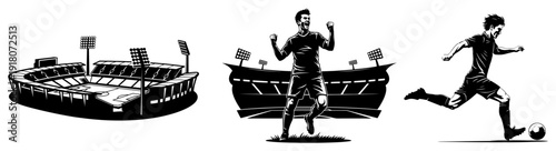 Set of soccer stadium and football player illustrations featuring victory celebration and game action