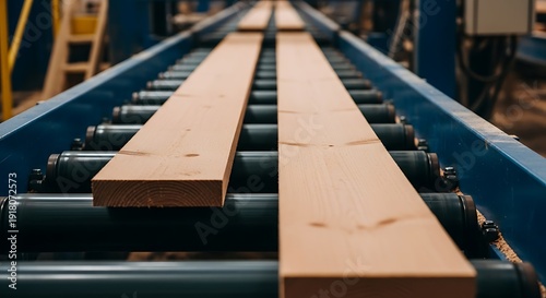 Close up of clean wooden planks on an industrial conveyor belt at a lumber mill