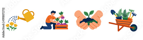 Flat Vector Gardening and Organic Farming Element Kit for Sustainable Agriculture and Home Horticulture