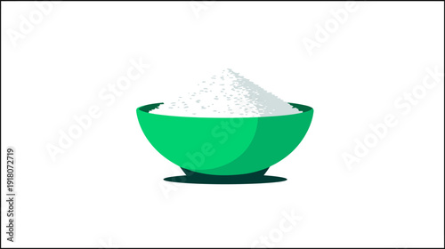 A cartoon illustration of a green bowl filled with a white, grainy substance on a white background