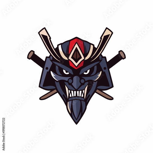 Traditional samurai kabuto helmet logo with fierce mask expression and crossed swords, bold esport mascot emblem in vector style for gaming teams, martial arts brands, and powerful identity concepts
