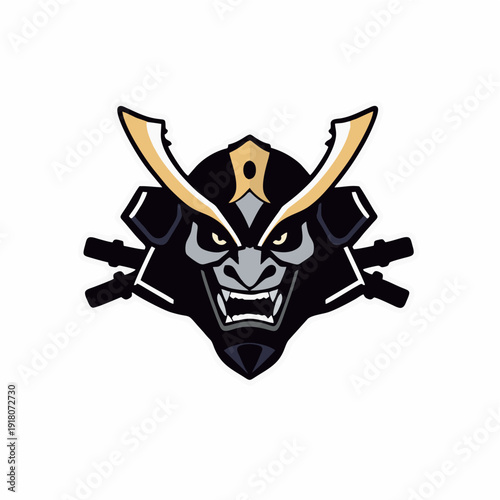 Traditional samurai kabuto helmet logo with fierce mask expression and crossed swords, bold esport mascot emblem in vector style for gaming teams, martial arts brands, and powerful identity concepts
