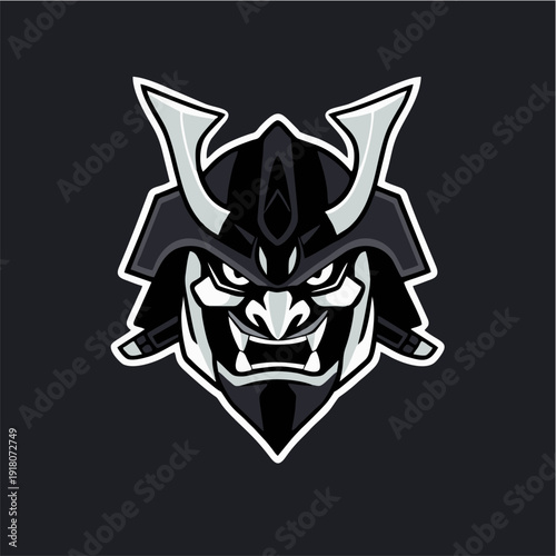 Traditional samurai kabuto helmet logo with fierce mask expression and crossed swords, bold esport mascot emblem in vector style for gaming teams, martial arts brands, and powerful identity concepts
