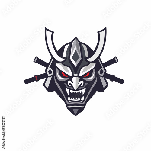 Traditional samurai kabuto helmet logo with fierce mask expression and crossed swords, bold esport mascot emblem in vector style for gaming teams, martial arts brands, and powerful identity concepts
