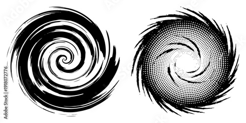 Two abstract circular vortex shapes with brush stroke and halftone dotted texture