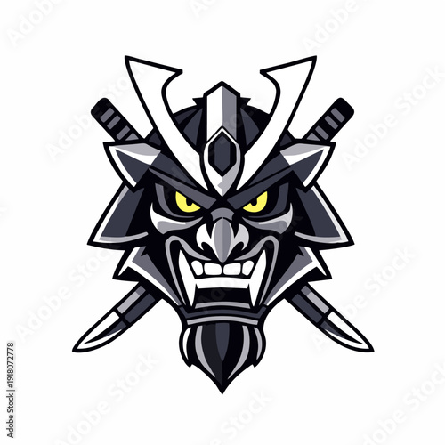 Traditional samurai kabuto helmet logo with fierce mask expression and crossed swords, bold esport mascot emblem in vector style for gaming teams, martial arts brands, and powerful identity concepts

