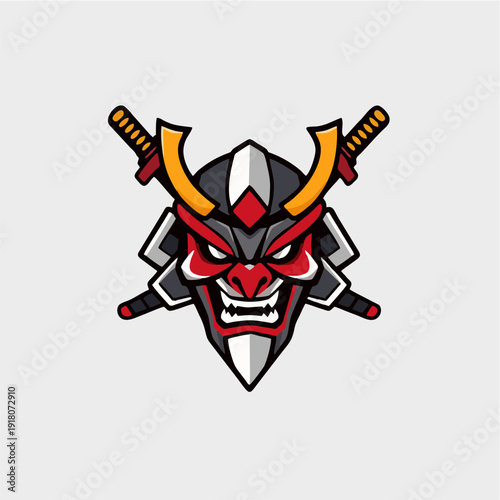 Traditional samurai kabuto helmet logo with fierce mask expression and crossed swords, bold esport mascot emblem in vector style for gaming teams, martial arts brands, and powerful identity concepts
