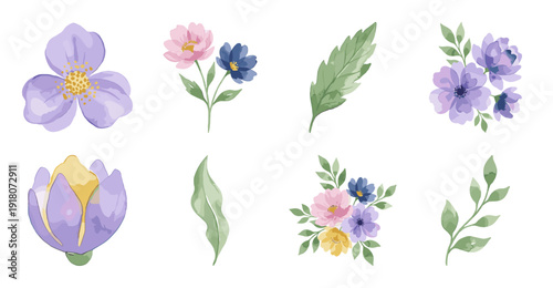 Watercolor Floral Elements Set with Purple and Pink Flowers