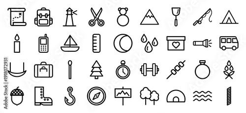 Camping and outdoor adventure line icon set. Vector pictograms of map, backpack, tent, compass, mountain, flashlight, and fishing rod, thick outline illustration.