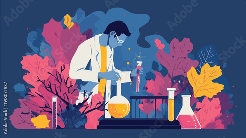 Scientist in lab coat experimenting with colorful liquids in beakers amidst abstract flora