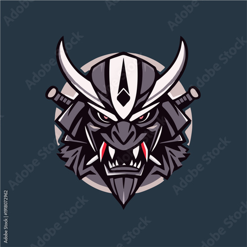 Traditional samurai kabuto helmet logo with fierce mask expression and crossed swords, bold esport mascot emblem in vector style for gaming teams, martial arts brands, and powerful identity concepts
