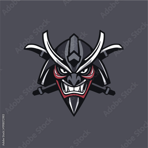 Traditional samurai kabuto helmet logo with fierce mask expression and crossed swords, bold esport mascot emblem in vector style for gaming teams, martial arts brands, and powerful identity concepts
