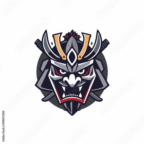 Traditional samurai kabuto helmet logo with fierce mask expression and crossed swords, bold esport mascot emblem in vector style for gaming teams, martial arts brands, and powerful identity concepts
