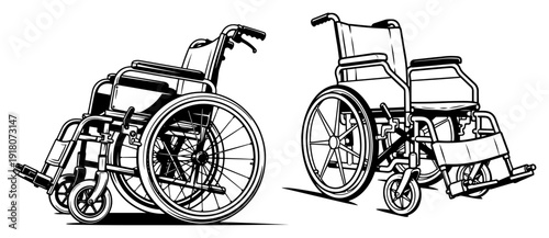 Detailed medical wheelchair illustrations in black and white line art style