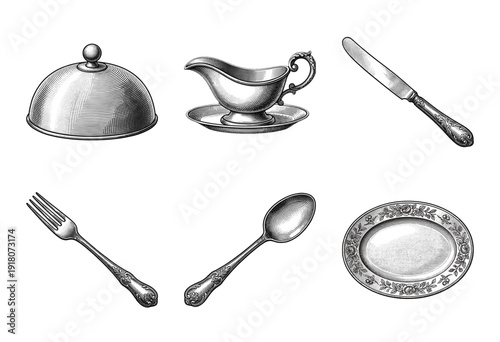 Vintage engraving style tableware collection featuring a cloche, gravy boat, plate, and ornate silver cutlery set on a white background.