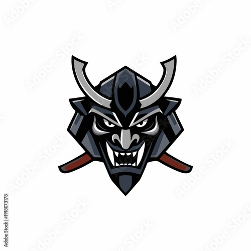 Traditional samurai kabuto helmet logo with fierce mask expression and crossed swords, bold esport mascot emblem in vector style for gaming teams, martial arts brands, and powerful identity concepts
