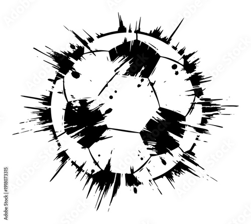 Explosive soccer ball illustration with sharp dynamic ink splatters and shattered effect