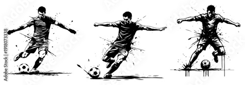 Set of soccer players in action poses with artistic ink splatter and grunge effects