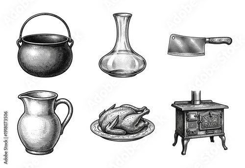 Vintage kitchenware and cooking illustration collection featuring an antique stove, cauldron, cleaver, and roasted chicken in a detailed woodcut engraving style.