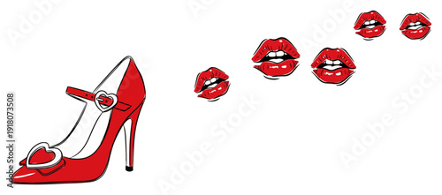 Elegant red high heel shoe with heart buckles and scattered red lipstick kiss marks
