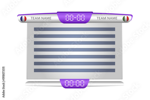 Football team scoreboard. Football or soccer cup players statistics table board. Soccer scoreboard broadcast template.