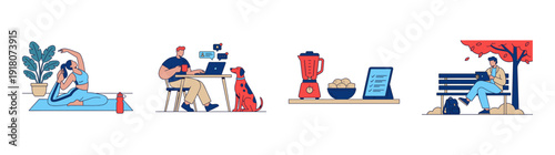 Flat Vector Remote Lifestyle and Wellness Character Graphic Set for Healthy Work-Life Balance Concepts