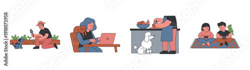 Flat Vector Lifestyle Scenes and Pet Ownership Illustration Set for Domestic Life and Hobby Branding