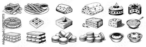 Collection of hand drawn vintage sketches of various desserts and delicious pastries