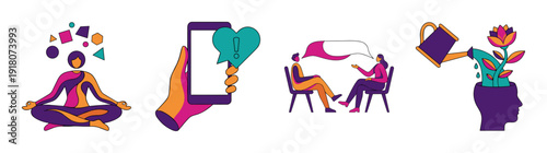 Flat Vector Mental Health and Mindfulness Illustration Element Kit for Wellness and Therapy