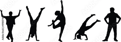 Silhouette dancers performing modern dance poses, creative movement, flexibility, energy, fitness, artistic expression, isolated black figures on white background