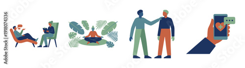 Flat Vector Mental Health Wellness Graphic Set for Modern Psychological Counseling and Mindfulness Apps