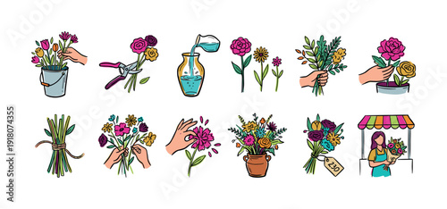 Colorful doodle icon set showing the floristry process, from cutting stems and arranging flowers to creating beautiful bouquets and selling them at a small market stall