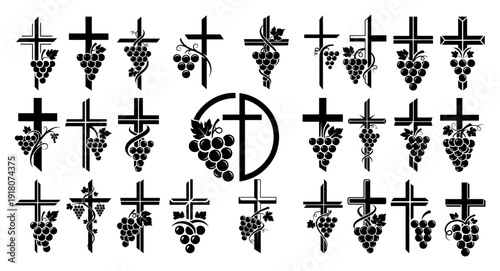 Extensive set of religious cross symbols integrated with grapevine and grape clusters for catholic church design
