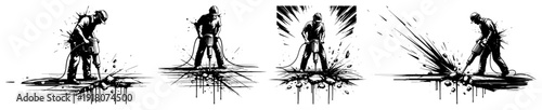 Set of industrial workers using pneumatic jackhammer with dynamic ink splatter effects