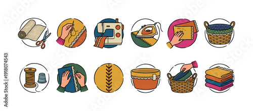 Colorful set of hand-drawn sewing icons illustrating tailoring and textile craft with a machine, needle, thread, iron, fabric, scissors, and baskets in a charming doodle style