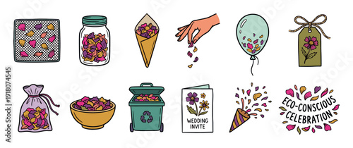 Colorful hand-drawn illustration set of eco-conscious wedding celebration elements, including biodegradable flower petal confetti, a compost bin, a party popper, and a floral invitation