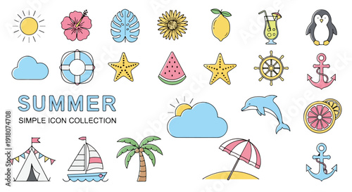 Vibrant summer vacation icons and illustrations