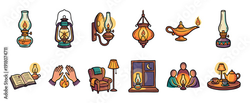 Collection of hand-drawn vintage lamp icons showing different types of oil lamps, lanterns, and cozy home scenes with warm, nostalgic lighting in a cartoon doodle style