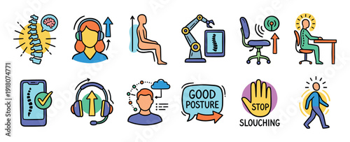 Colorful set of good posture icons showing ergonomics, spinal health, and wellness concepts for office work, sitting, and walking in a simple line art illustration style
