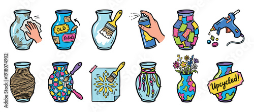 Hand-drawn colorful icon set showing the step-by-step process of upcycling an old vase into a new decorative object using paint, glue, and fabric in a fun doodle style