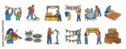 Hand-drawn illustration set showing community event preparations for a rustic barn dance with people decorating, cleaning, setting up food, and playing music