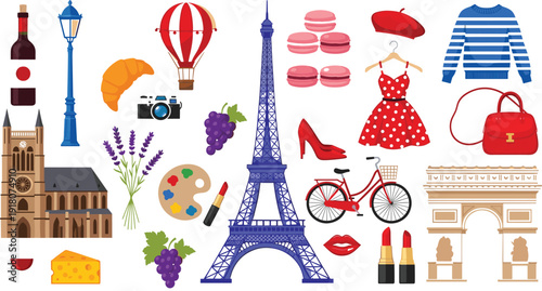 Paris France Travel Vector Set with Eiffel Tower, Notre Dame, Arc de Triomphe, Fashion, Food and Romantic City Elements