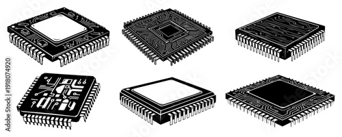 Set of isometric computer processor microchips with different circuit patterns in black and white