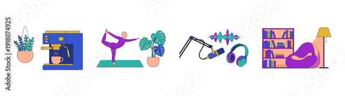 Flat Vector Lifestyle and Wellness Graphic Set for Modern Productivity and Self-Care Content