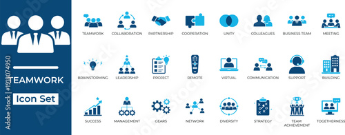 Professional teamwork and business collaboration icon set featuring blue duo-tone symbols for leadership, strategy, remote work, and corporate partnership in flat design style.